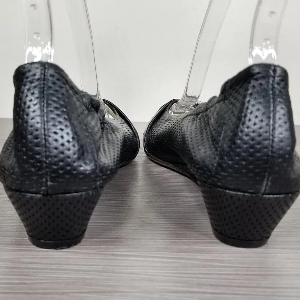 AGL Peep Toe Wedge Pump, Black Perforated Leather, Womens Size 7.5 US / 37.5 - Picture 5 of 12
